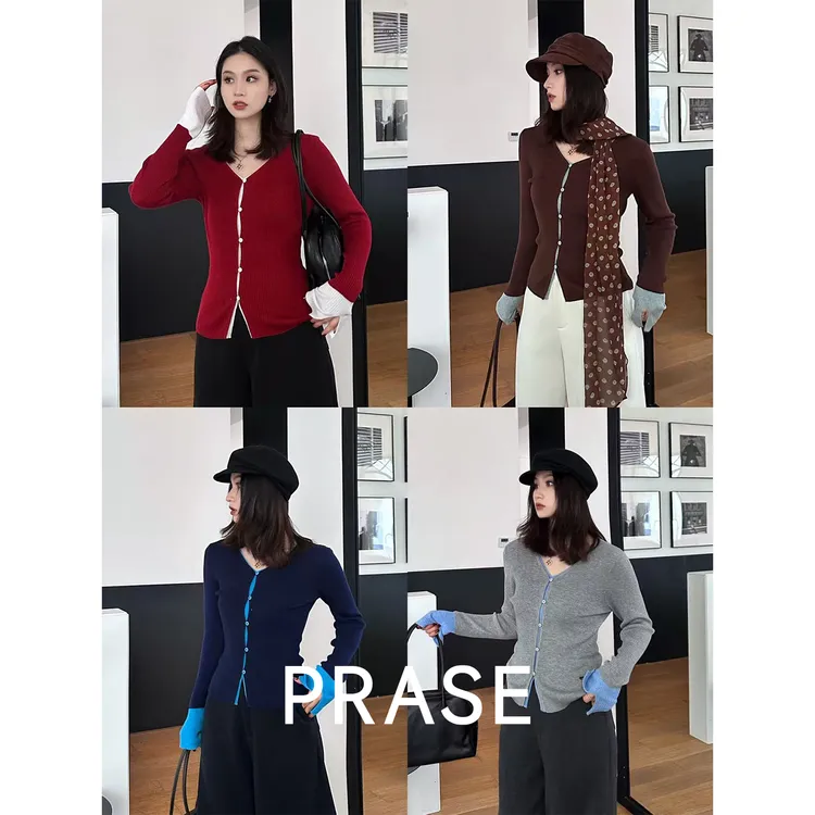 PRASE·噜【miu系学院】羊毛显瘦假两件撞色V领长袖毛织衫女PR511E48