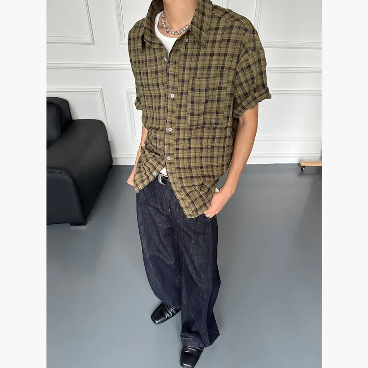 CZ2夏季新款复古休闲泡泡纱格纹休闲男女衬衫高级短袖宽松衬衫