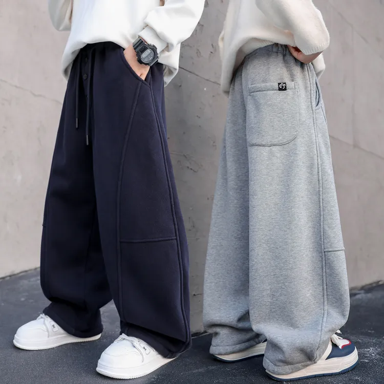 儿童运动卫裤男童裤子秋冬新款季男大童加绒加厚一体直筒弯刀休闲