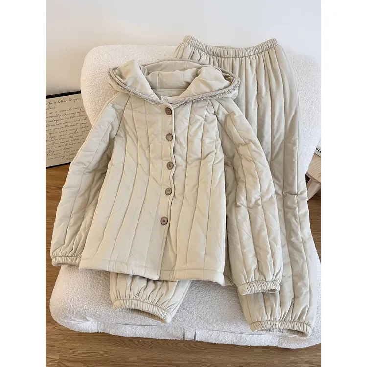 高级感穿搭韩版连帽夹棉睡衣女秋冬季新款加厚棉服保暖家居服套装