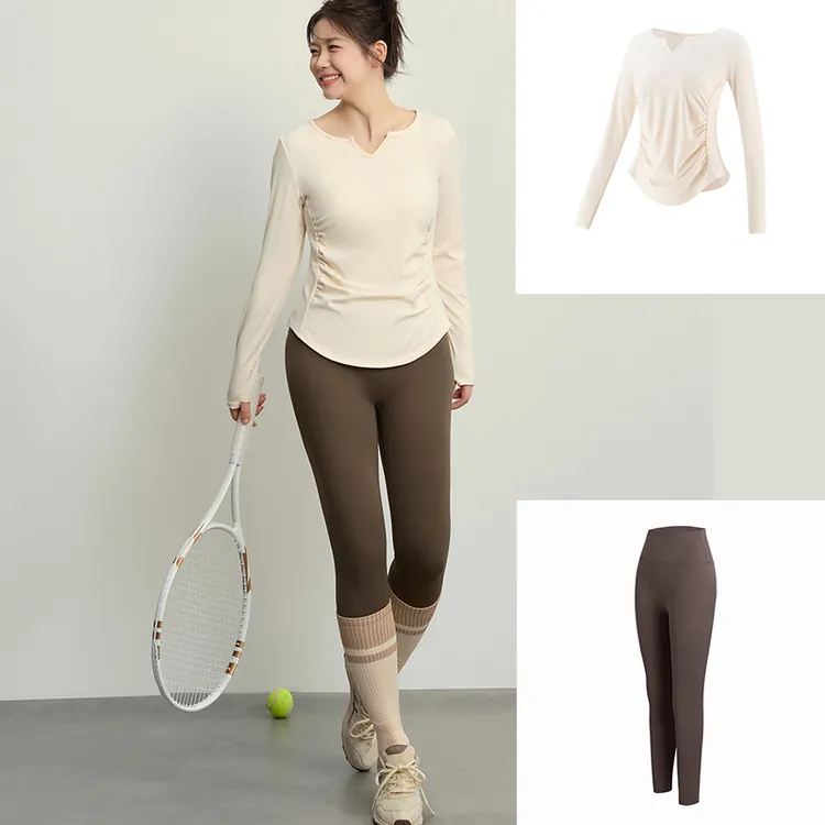 春秋季大码胖妹妹健身瑜伽服长袖遮肉V领显瘦跑步运动速干套装