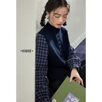 阔色藏蓝格子拼接假两件半高领针织25秋冬新女长袖上衣KSH2509027