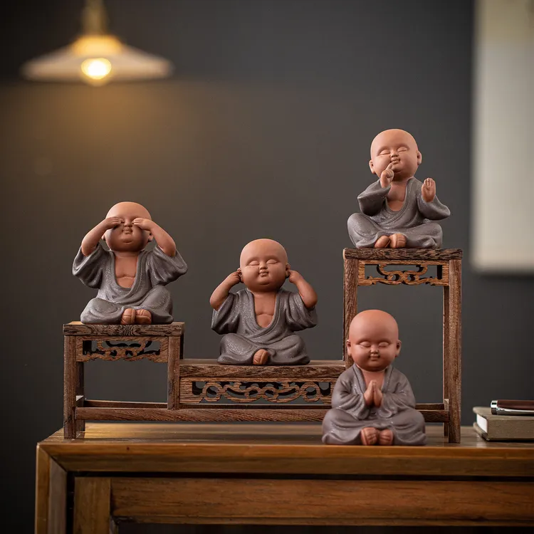 创意精品可养紫砂工艺品可爱三不小和尚茶宠人物摆件茶室茶台摆设商品图