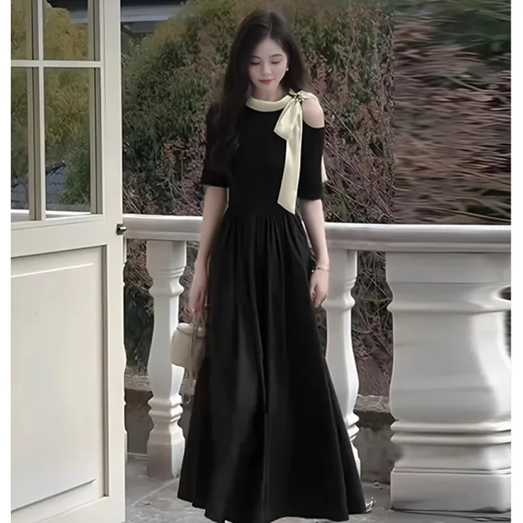 黑色连衣裙气质名媛高端女神范高级感法式礼服长款裙子夏D1840