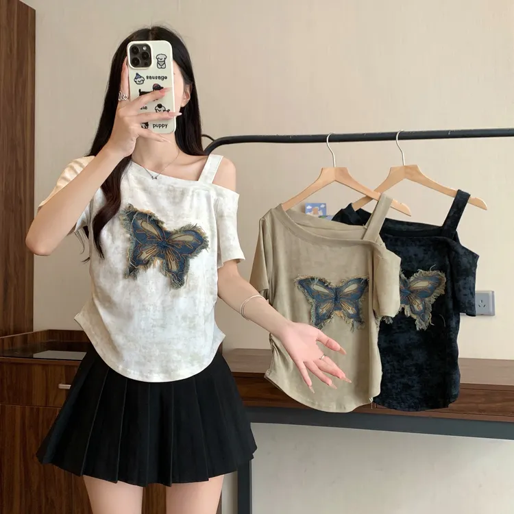 2025夏季新款大码女装扎染蝴蝶贴片露肩T恤上衣 3289
