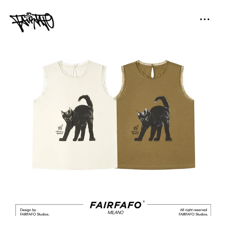 【炸毛黑猫印花背心】BXCL55260夏季洋气小猫清爽新款方块背心