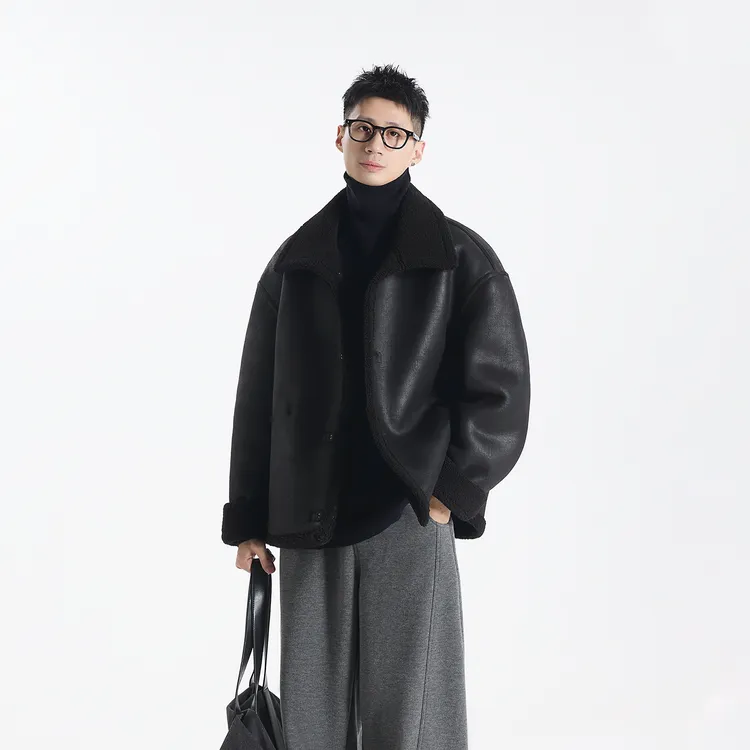 GCCDUPE77『摩卡暖棕』磨绒绗线双面穿皮毛一体仿麂皮绒夹克外套