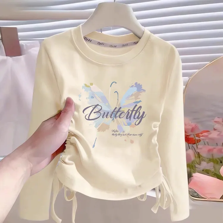 女童纯棉抽绳长袖打底衫2025新款春秋中大童洋气蝴蝶印花上衣百搭