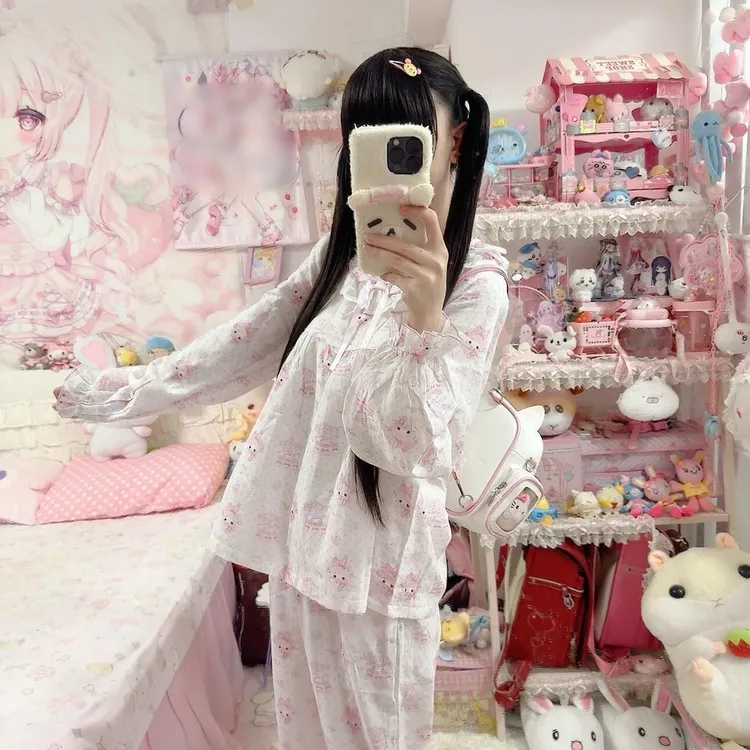 甜美可爱风美乐蒂蕾丝花边睡衣女春夏季娃娃领长袖学生家居服套装