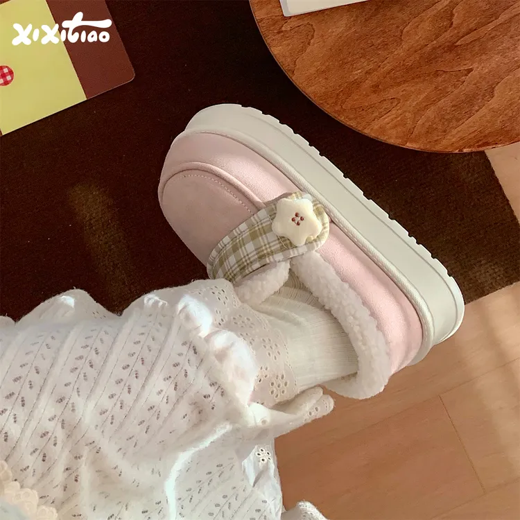 细细条 韩系格子星星乐福棉鞋女冬保暖防滑学生外穿加绒面包鞋