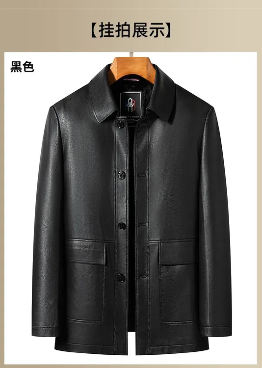 【海宁真皮】男士中老年冬季翻领加绒山羊皮纽扣款中长款爸爸宽松