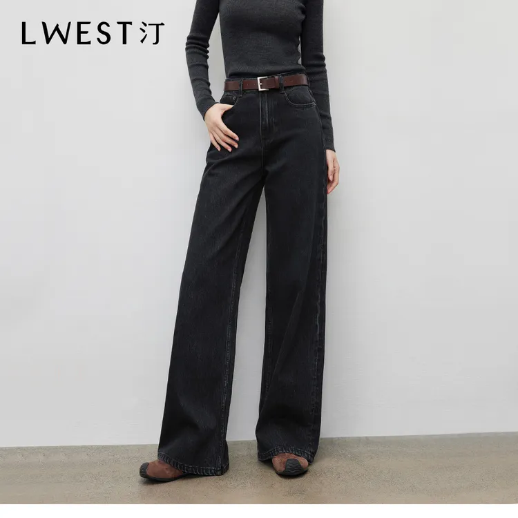 T朗文斯汀黑色直筒牛仔裤女2025冬季新款百搭宽松显瘦拖地裤长裤