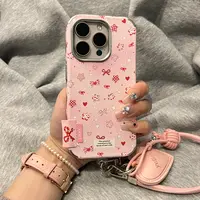 秋冬新款皮纹粉色蝴蝶结爱心适用苹果16promax手机壳iphone15/14