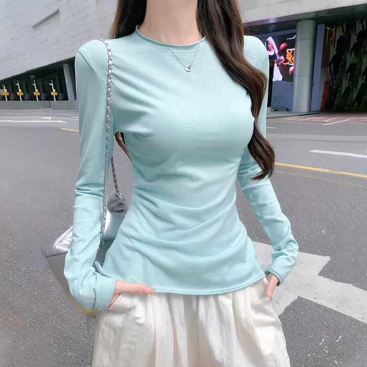 韩系蓝色圆领微透卷边长袖打底衫女秋季辣妹薄款修身显瘦T恤上衣