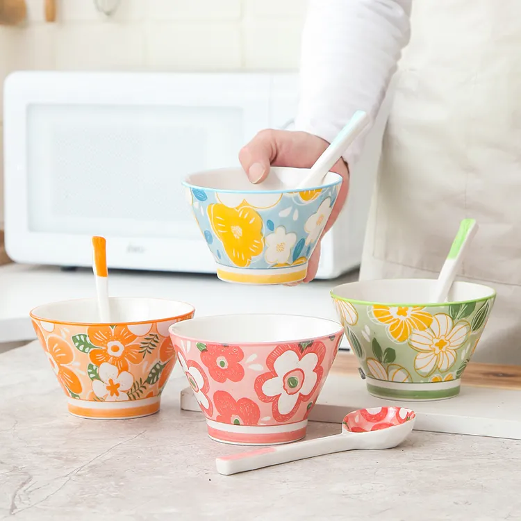 【夏日花漾4碗4勺】5寸斗笠碗/扭扭勺4个混装家用釉下彩陶瓷米饭碗