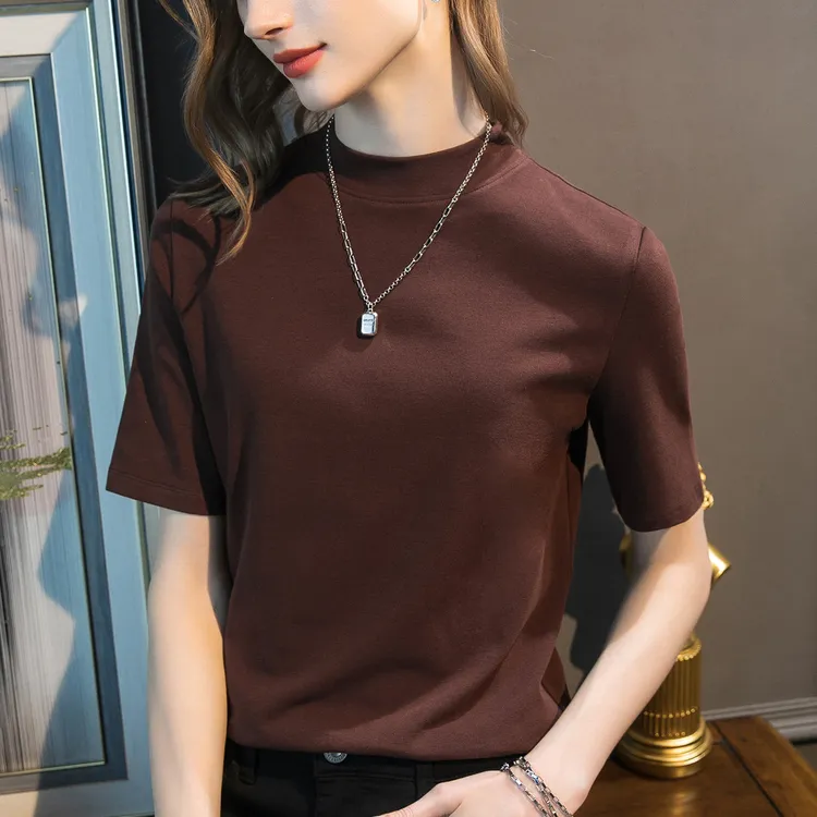 莫代尔欧货大码小立领打底衫女春秋五分袖T恤修身百搭显瘦上衣