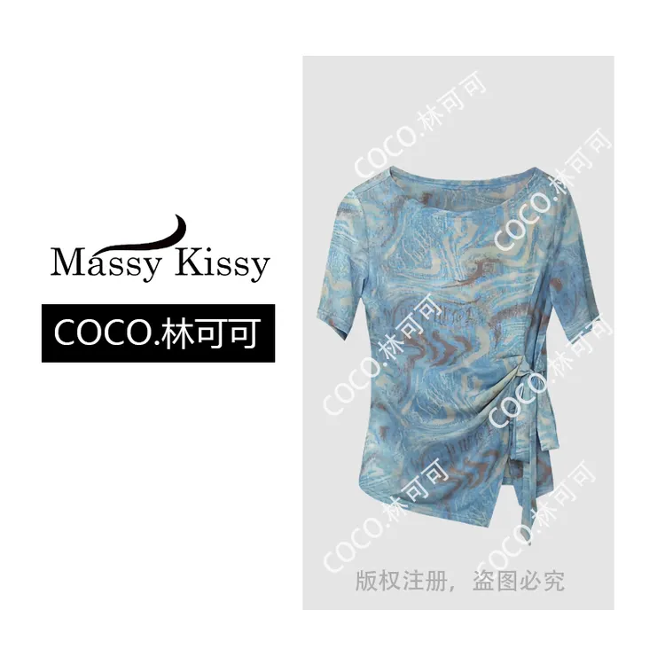 【COCO林可可】夏季复古晕染蝴蝶结绑带短袖T恤女时尚百搭上衣通勤