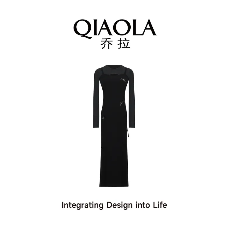 QIAOLA/乔拉【幸运缘结】春季新款针织假两件镂空轻奢连衣裙预售