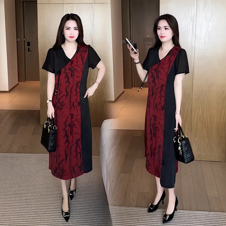 新中式印花短袖连衣裙女2025新款夏季时尚拼接妈妈装显瘦过膝裙子