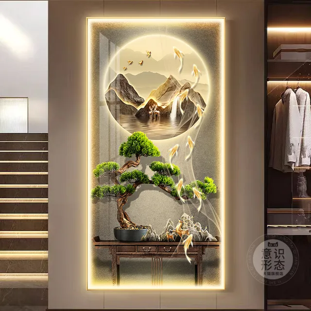 迎客松玄关装饰画led灯轻奢入户正对门挂画高档大气走廊过道壁画