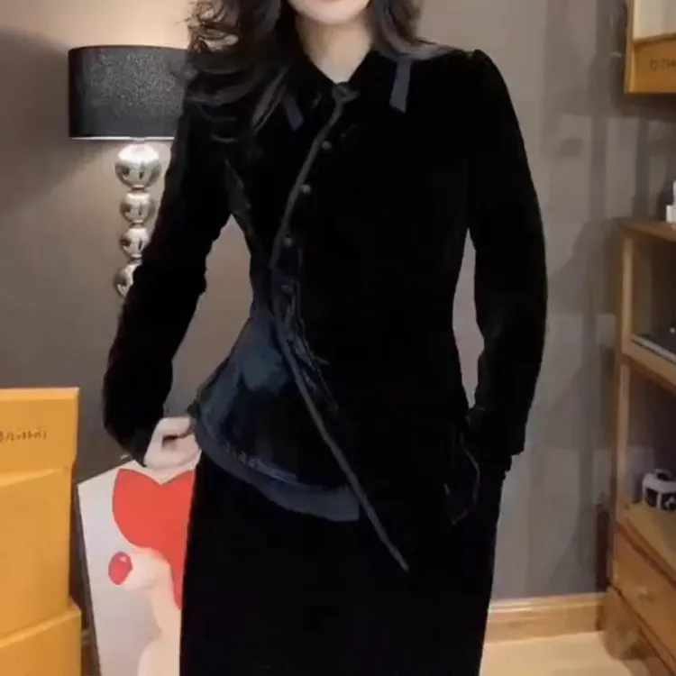 新款新中式国风改良修身显瘦丝绒小衫大码女装