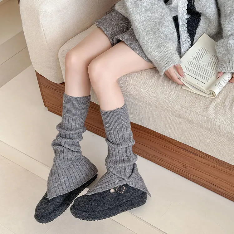 百搭纯色竖纹小腿套时尚辣妹风纽扣开叉长筒袜温暖加厚针织堆堆袜