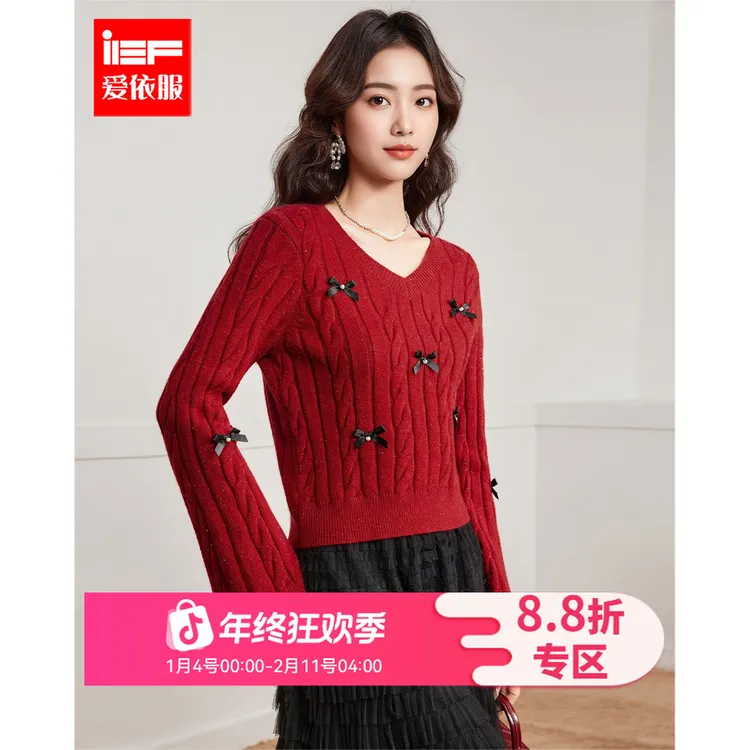 IEF/爱依服2025年冬季红色蝴蝶结甜美风毛衣女时尚V领喇叭袖线衫