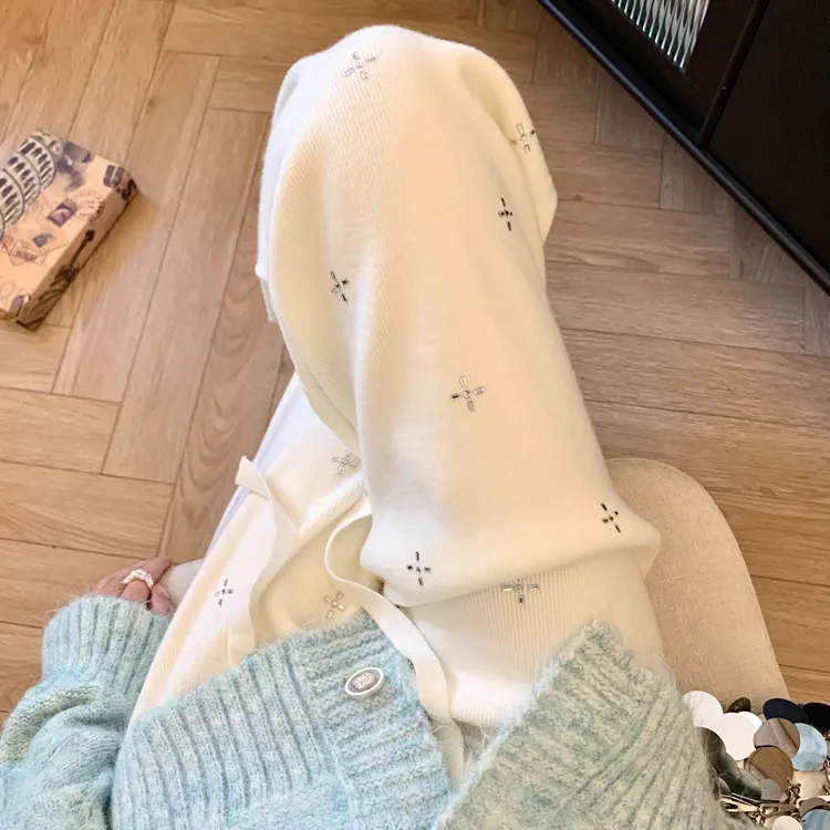 小香风重工烫钻白色休闲针织裤女秋冬软糯高腰宽松垂感直筒阔腿裤