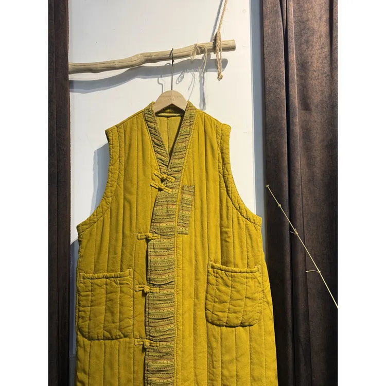 花信来 砂洗厚亚麻波西米亚民族风盘扣夹棉长马甲