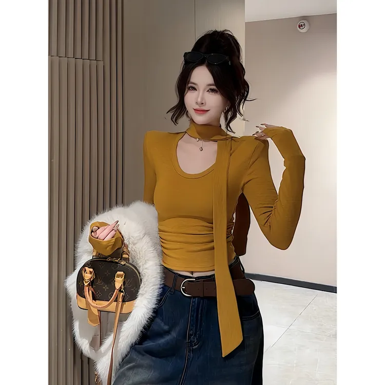 韩式新款小众设计感飘带V领长袖T恤女早秋修身显瘦打底衫百搭上衣