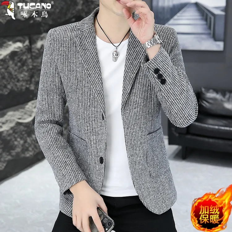 啄木鸟男士个性加绒西服男秋冬季时尚复古小西装韩版灯芯绒厚外套