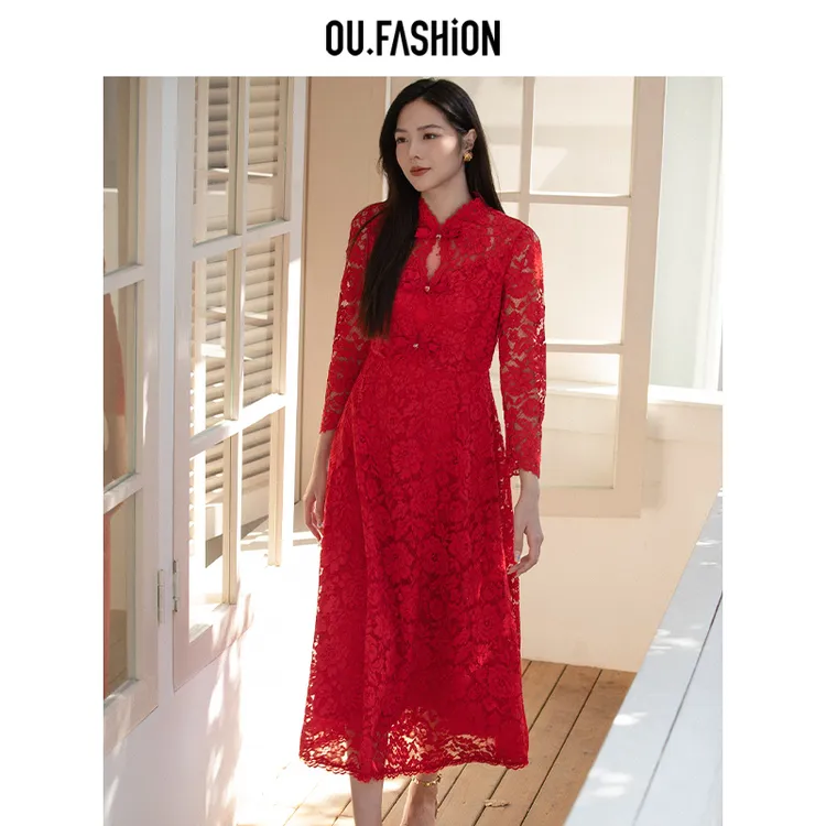 OU.FASHION/欧点领蕾丝连衣裙新中式长裙1122440337