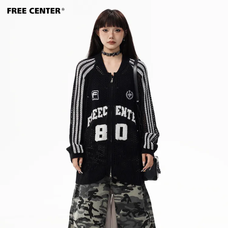 Free Center凉感冰皮网眼镂空开衫美式复古运动风薄款外套男女夏