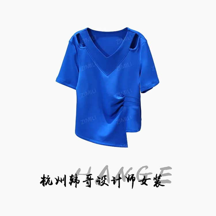 【韩哥女装】2025欧版克莱因蓝V领镂空束腰显瘦时尚休闲短袖9603-B5