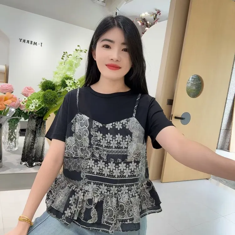 QC 253284 假两件时尚印花复古短袖洋气减龄T恤