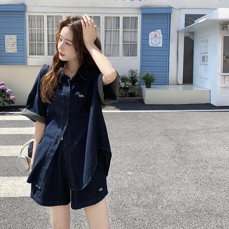复古牛仔衬衫套装裤女2025夏季新款休闲松弛感穿搭显瘦短裤两件套