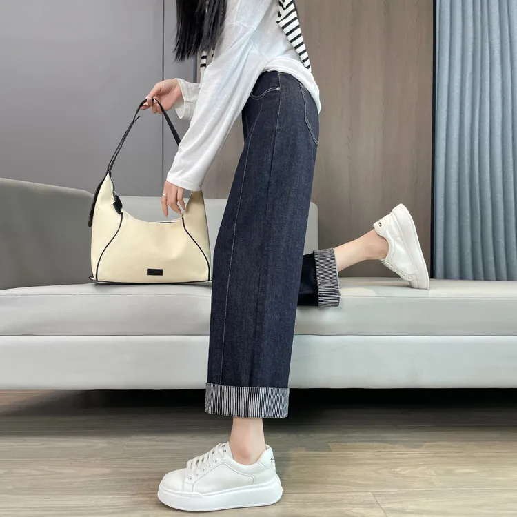 丹宁蓝窄版阔腿牛仔裤女2025秋季新款高腰显瘦宽松垂感九分直筒裤