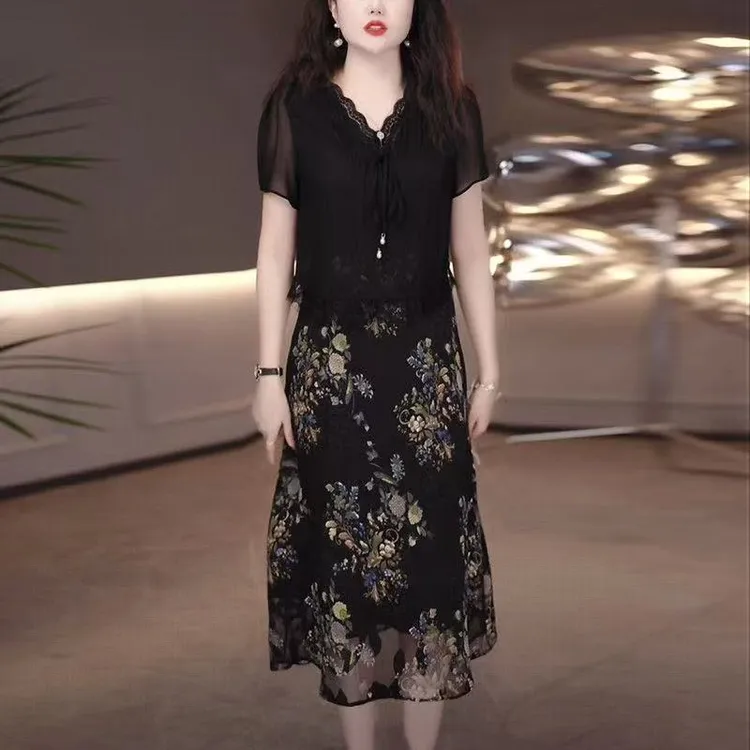 5326#高档时尚拼接碎花假两件连衣裙2025夏季新款轻奢裙