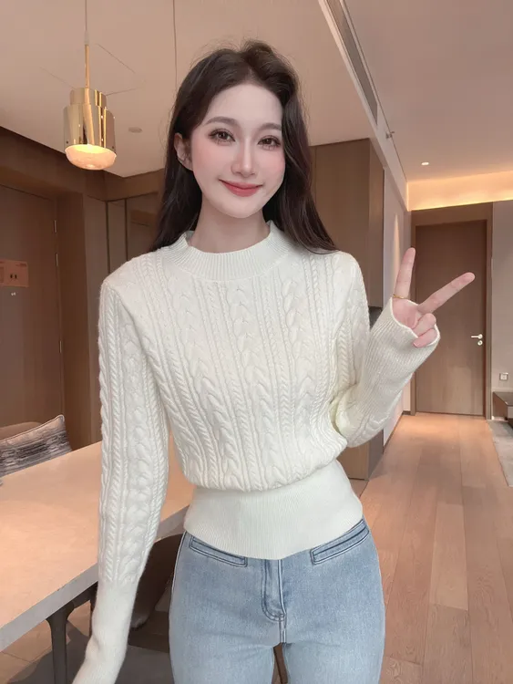 秋冬加厚款设计感麻花小立领收腰毛衣软糯安迪绒针织衫上衣#3057