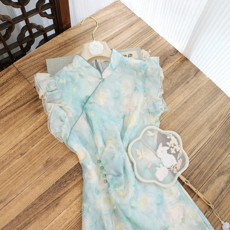 俏娘鱼2025夏季新款蓝色文艺新中式无袖旗袍女日常可穿鱼尾连衣裙