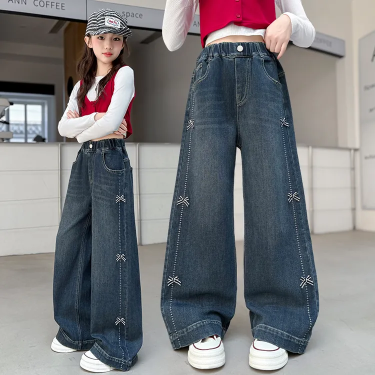 女童秋款牛仔裤2025新款儿童绣花蝴蝶结窄版阔腿裤中大童女孩长裤
