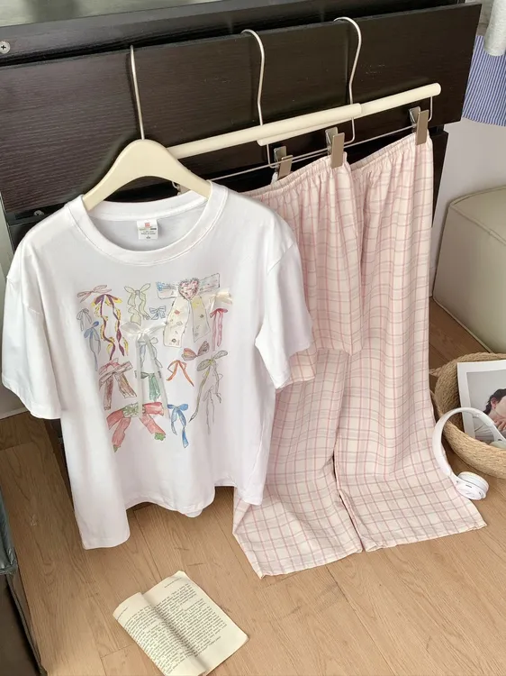 明星同款蝴蝶结睡衣三件套女款圆领减龄少女短袖格子裤家居服夏天