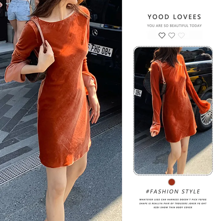2026春秋新款上新小众设计纯色丝绒修身显瘦露背系带长袖连衣裙女商品图