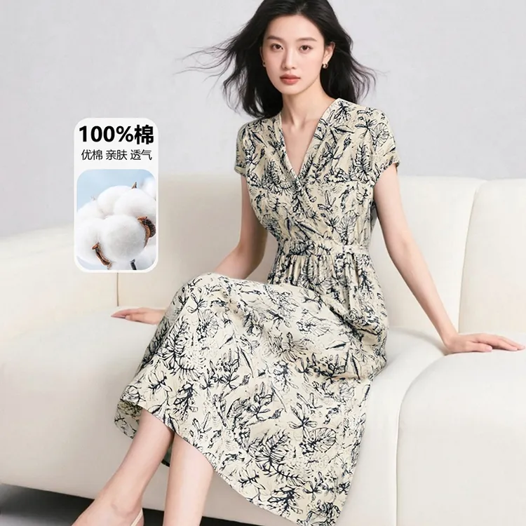 晚白【新品】2025夏印花裙子微胖遮肚子收腰短袖连衣裙25061701