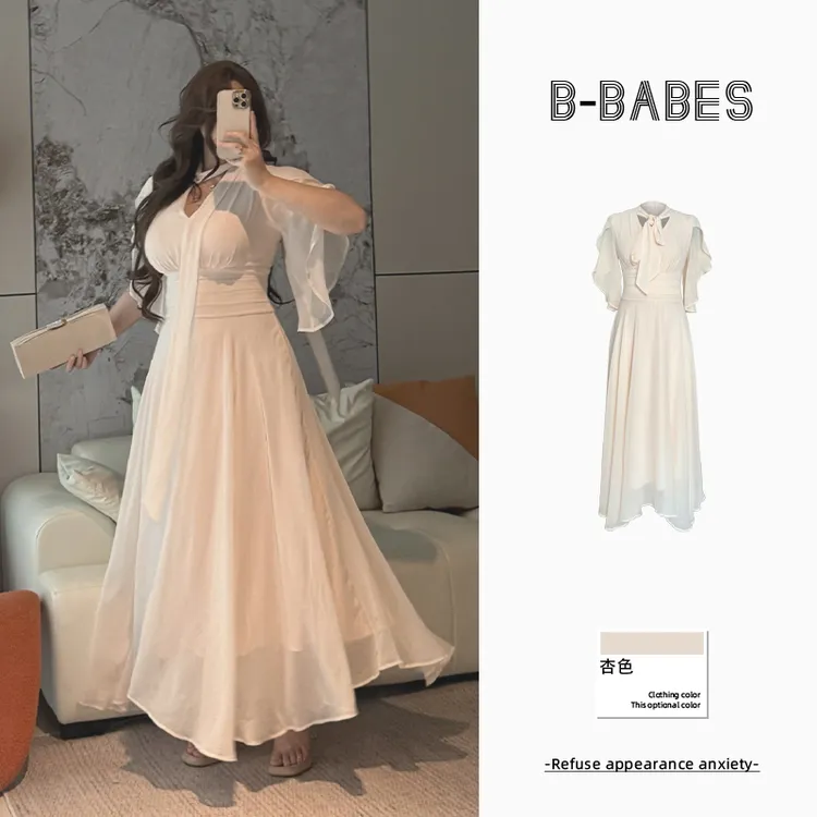 B-babes【风轻轻吹】超仙名媛温柔飘逸系带气质收腰显瘦连衣长裙