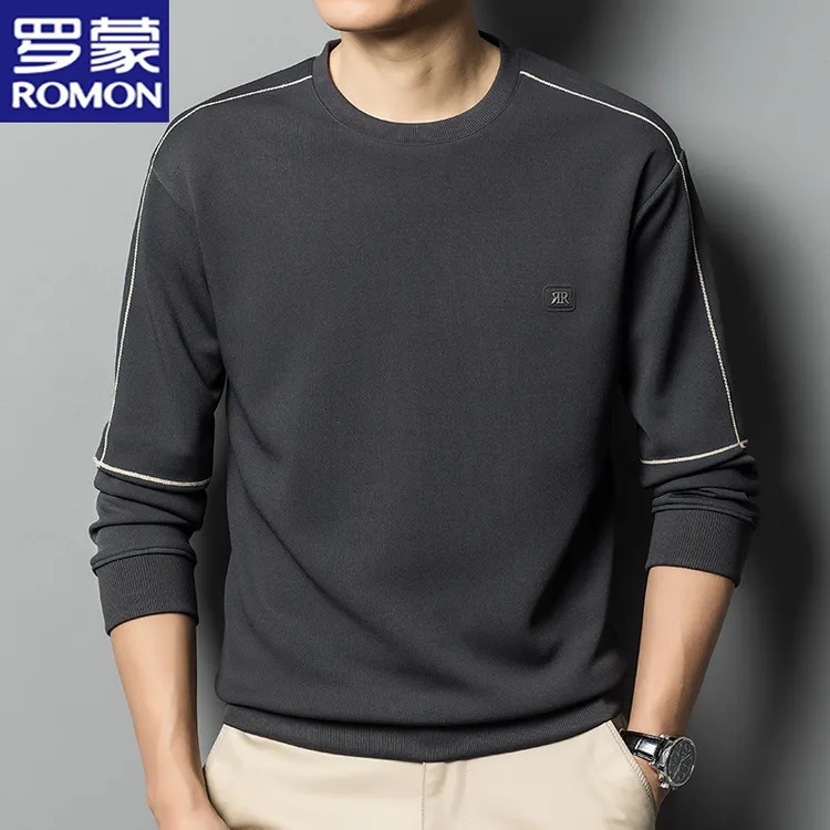 罗蒙春季新款男士薄款卫衣圆领长袖T恤中年休闲男装上衣