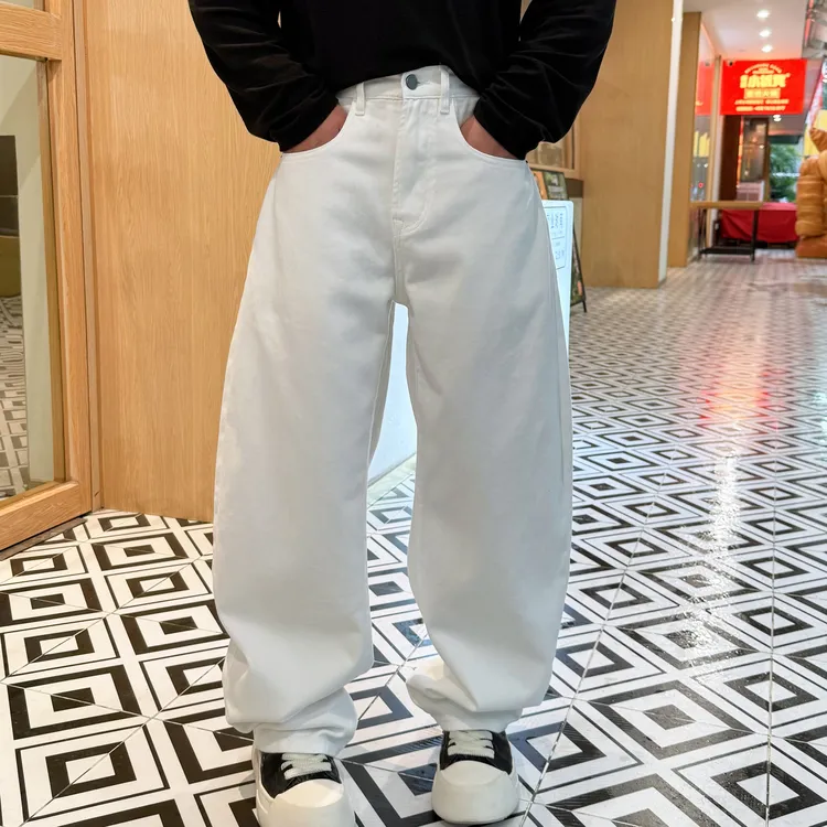 秋季宽松弯刀显瘦纯色半松紧腰围百搭纯棉潮流时尚男士牛仔长裤