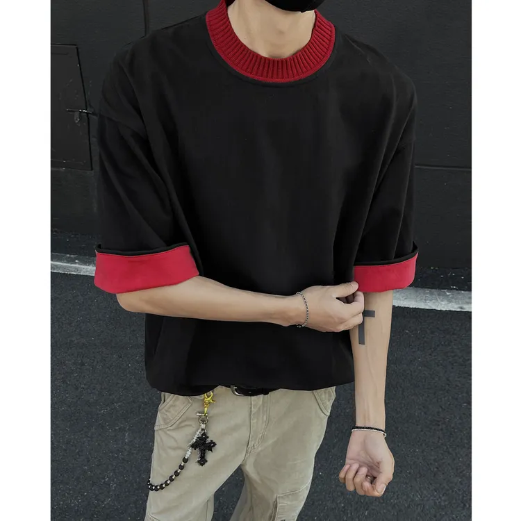 黑红撞色落肩短袖t恤男ins夏季加肥大码潮胖人宽松痞帅五分袖体恤