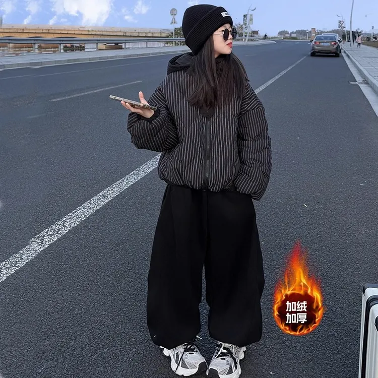 女童加绒加厚弯刀运动裤2025秋冬季新款高腰宽松慵懒风阔腿裤子潮