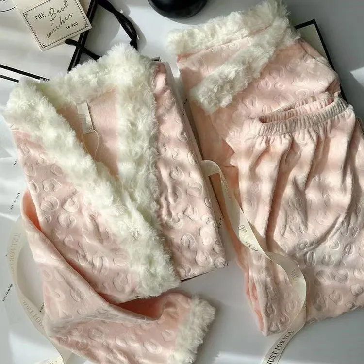 【豹纹海岛绒新款】睡衣女套装秋冬款保暖甜美时尚长袖和服领家居服